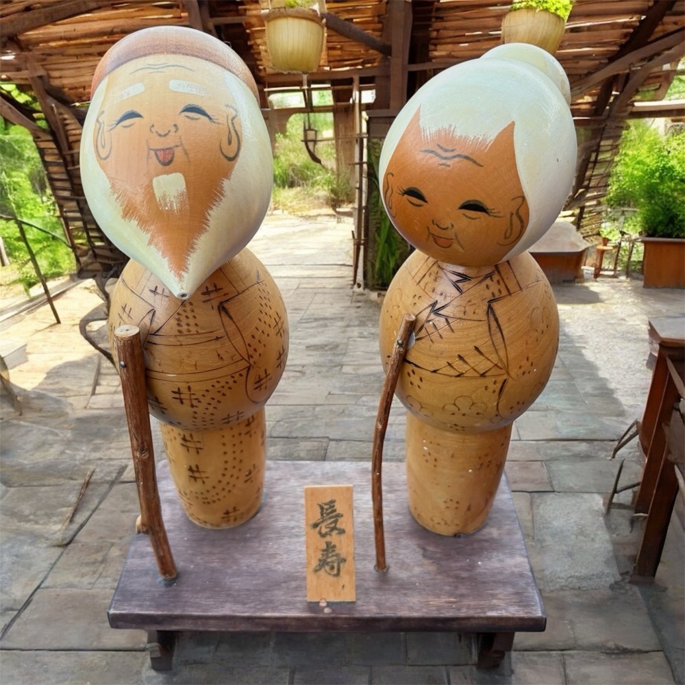 Vintage Japanese Wooden kokeshi dolls elderly couple takasago signed - Picture 2 of 6